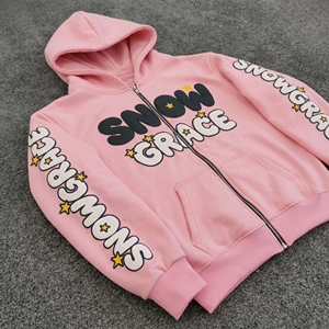 Snow Grace <b>Pink</b> Zip-Up Hoodie Fleece Casual Unisex Regular Fit Autumn Hooded <b>Sweatshirt</b> With Star Print Design - Product Image 5