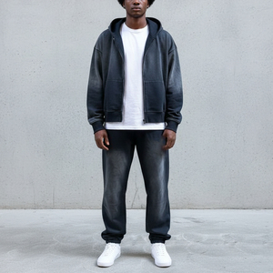 Ensemble sweat-shirt et pantalon de survêtement d'hiver personnalisé pour homme, coupe ample, épaules tombantes, style streetwear, fermeture éclair. - Product Image 2