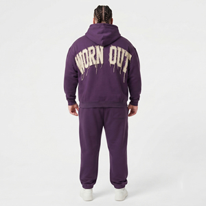 Men's Plus Size Zipper Hoodie Tracksuit Long Sleeve Distressed <b>Embroidery</b> Heavyweight 100% Cotton Fleece Plus Size Two Piece <b>Set</b> - Product Image 2