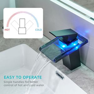 Rubinetto Monocomando per Lavabo Bagno con Luce LED, Cascata a 3 Colori Variabili, Bocca in Vetro, Miscelatore Acqua Calda e Fredda, Montaggio su Piano a Foro Singolo - Product Image 5