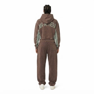 Ensemble survêtement personnalisé pour femme, sweat à capuche et pantalon de survêtement, délavé à l'acide, marron et vert, color block, OEM, vente en gros - Product Image 2