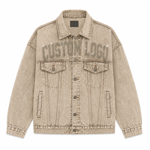 Veste en jean personnalisée avec logo pour homme, décontractée, en coton délavé, avec lettres perlées sur le devant, col rabattu, simple boutonnage - Product Image 1