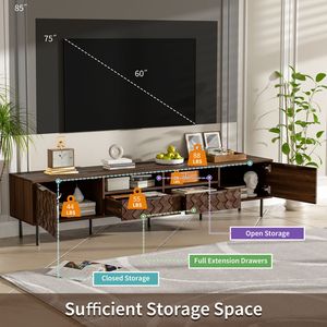 Meuble TV moderne de 78 pouces pour téléviseurs jusqu'à 85 pouces, charnières à fermeture douce, rangement intégré, gestion des câbles, centre de divertissement - Product Image 5