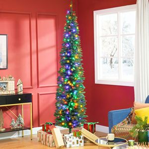 7ft Artificial Pencil Christmas <b>Tree</b> Skinny Shape with Colorful <b>LED</b> Lights Steel Tabletop Base for Indoor Holiday Decorations - Product Image 2