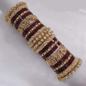Stylish <b>Gold</b> <b>Plated</b> <b>Bangles</b> Adorned with Pota Stones & Pearls Ethnic Jewelry Set for Girls - Product Image 1