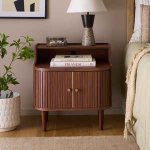 Japandi Style <b>Teak</b> Wood <b>Bedside</b> Bookshelf <b>Table</b> featuring Slatted Cupboard - Product Image 1