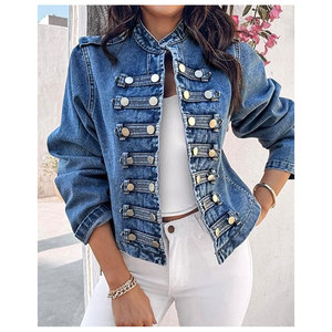Chaqueta vaquera para mujer con botones, cuello alto, elegante, informal, de manga larga, ligera, para otoño, uso diario, a la moda - Product Image 4