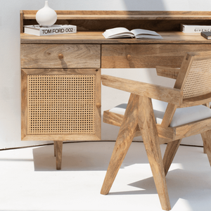 Escritorio de Madera con Puerta de Ratán Vandana Vesta Altis, Muebles de Oficina Modernos de Madera Maciza Natural - Product Image 6