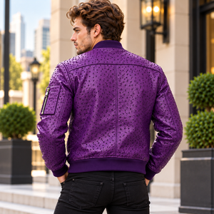 Veste en cuir d'autruche violette pour homme, veste bomber en cuir de qualité supérieure, veste de motard en cuir - Product Image 4