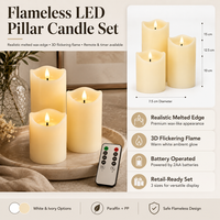 Velas LED de Pilar sin Llama con Aspecto de Cera Derretida Realista, con Control Remoto y Temporizador, Juego de Velas a Pilas de Color Marfil