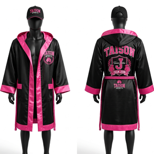 Premium Satin Polyester 190 GSM Boxing Robe Yellow Black Contrast Panel Hooded Custom Embroidery Logo - Product Image 4