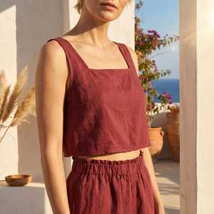 Ensemble 2 pièces en lin pour femme, rose, débardeur court sans manches et short, col carré, coupe ample, décontracté, printemps-été, respirant - Product Image 5