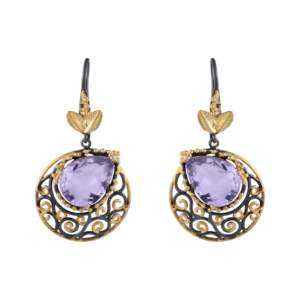 925 Sterling <b>Silver</b> Vintage Gold Plated Amethyst Faceted Gemstone Drop <b>Earring</b> Bezel <b>Set</b> Pearl Accent Floral Design Fine Jewelry - Product Image 3