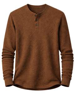 เสื้อยืดแขนยาวผู้ชายแบบเฮนลีย์ ผ้าวาฟเฟิล สีน้ำตาล สวมใส่สบาย คอติดกระดุม เหมาะสำหรับฤดูหนาว ผ้าฝ้ายทรงเข้ารูป ระบายอากาศได้ดี - Product Image 2