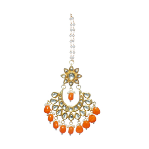 Ethnic Style Alloy Maangtikka With <b>Blue</b> <b>Beads</b> And Pearl Chain Handmade For Wedding Bridal Occasion - Product Image 1