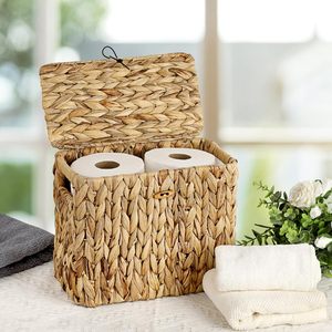 New Arrival Water Hyacinth Wicker Woven <b>Rectangular</b> Toilet Paper <b>Storage</b> <b>Basket</b> Lid for Bathroom Kitchen Living Room Single Tier - Product Image 2