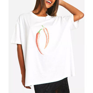 Camiseta Casual de Manga Corta con Cuello Redondo y Estampado de Chile Blanco para Mujer, Corte Holgado, Primavera Verano, Algodón Jersey Transpirable - Product Image 1