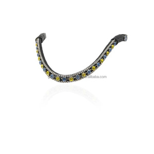 Bandeau de tête décoratif haut de gamme en cuir noir courbé avec cristaux bleus transparents alternés, taille personnalisée, pour cheval. - Product Image 2