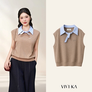 Blouse en tricot beige pour femme ODM OEM avec col contrastant détachable et manches courtes, pull haut d'hiver personnalisé LEON - Product Image 1