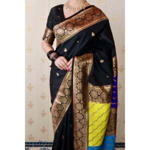Sari en soie Banarasi noir et multicolore Elite Weaves avec pallu tissé Zari, vêtements indiens et pakistanais doux - Product Image 3
