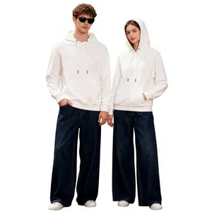 Sweat-shirt à capuche unisexe surdimensionné blanc 100% coton French Terry décontracté couleur unie avec poche pour l'automne - Product Image 1
