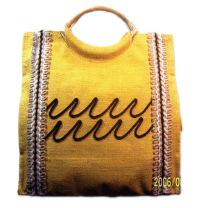 Lowellcraft Yellow Jute Shopping <b>Bag</b> with Drawstring Handle Zipper Closure Geometric Pattern Small Size - Product Image 4