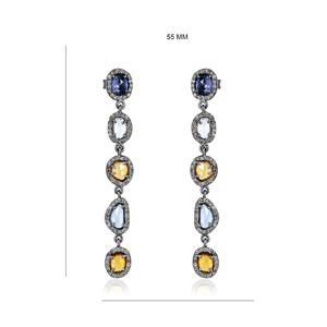 Pendientes Colgantes de Plata 925 Oxidada con Diamantes Naturales y Múltiples Gemas de Zafiro, Joyería Fina al por Mayor - Product Image 1
