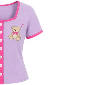 Conjunto de dos piezas de shorts para mujer en lavanda y rosa, top con cuello cuadrado y botones, bordado de oso de peluche, ribete en contraste, informal, de algodón, para verano. - Product Image 4