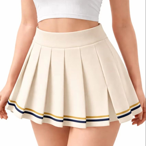 Women's Red Pleated <b>Mini</b> Skirt With Elastic Waist And Striped Hem All Seasons Wear - Product Image 2