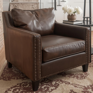 Fauteuil classique en cuir marron avec garniture cloutée, fauteuil traditionnel à accoudoirs pour salon ou bureau - Product Image 2