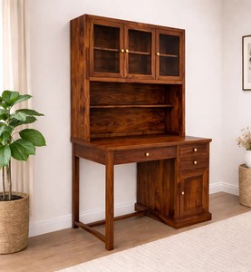 Wholesale Solid Wood Study Table with Hutch Glass Door Bookshelf Home Office <b>Computer</b> Desk with <b>Storage</b> | Pindel Handicraft - Product Image 1