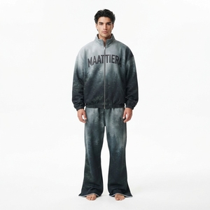 Ensemble de survêtement pour homme avec veste zippée à imprimé forêt gris et pantalon large, streetwear personnalisé, mode outdoor, coupe moderne - Product Image 1