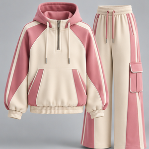 Ensemble de survêtement unisexe rose à séchage rapide et léger pour sports d'hiver, avec sweat à capuche demi-zip et pantalon cargo ample à cordon de serrage, deux pièces - Product Image 1