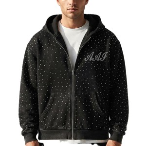 Sudadera con capucha negra de moda con logo de pedrería, 400 g/m² de forro polar de alto gramaje, corte holgado, estilo vintage, oversize, informal, al por mayor - Product Image 1