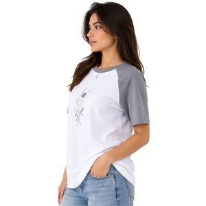 <b>Women</b> <b>White</b> and Gray Raglan T <b>Shirt</b> Minimal Botanical Geometric Graphic Print Crew Neck <b>Short</b> <b>Sleeve</b> Cotton Casual Tee OEM ODM - Product Image 5
