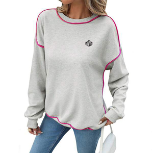 Grey Women's Crewneck Sweatshirt Cotton Fleece Contrast Piping Oversized Casual Long Sleeve Hoodies Custom Logo Factory Direct - Product Image 1