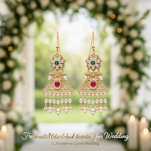 Boucles d'oreilles chandelier en perles d'eau douce et pompons dorés pour mariage - Product Image 3