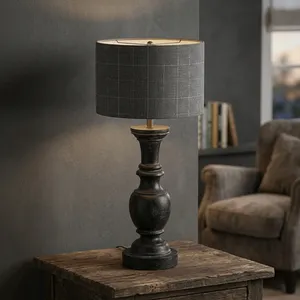 Lampe de table vintage en bois noir, base en bois vieilli artisanal avec abat-jour en tissu gris pour la décoration de la chambre à coucher, du salon ou de la console - Product Image 5