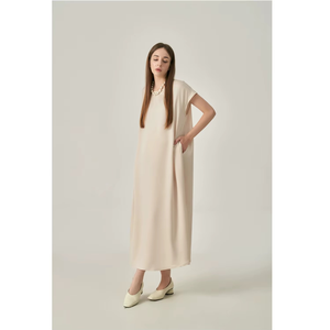 Simple Stripes Midi Silk Satin Woven Breathable Crew Neck Short Sleeve Minimalist Plain Dyed Loose Waist Pockets Casual Dresses - Product Image 1