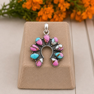 Collier Statement Bohème Western Artisanal en Argent Sterling avec Pendentif Fer à Cheval Turquoise Coton Sucré et Pierres Précieuses - Product Image 3