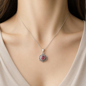 925 Sterling Silver Natural Pink <b>Ruby</b> Round Pendant <b>Necklace</b> Handmade Vintage Floral Jewelry 18K Rose Gold & Yellow Gold Plated - Product Image 5