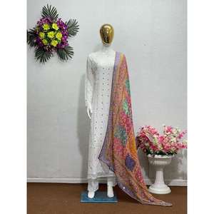 DESIGNER GEORGETTE VÉRITABLE MIROIR TRAVAIL À LA MAIN TOP PALAZZO AVEC DUPATTA BLANC - Product Image 1