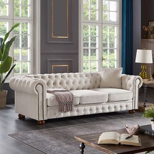 Divano Chesterfield in Tessuto di Lino Beige per Soggiorno - Product Image 2