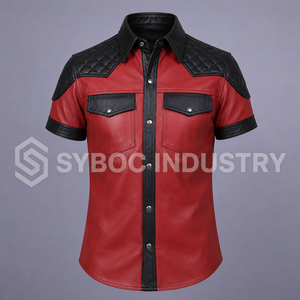 เสื้อเชิ้ตหนังแกะสีแดงดำสำหรับผู้ชาย แขนสั้น ตกแต่งผ้าแบบควิลท์ที่ไหล่ แผงตัดต่อสีตัดกัน ติดกระดุมแป๊ก สไตล์ลำลองสำหรับงานปาร์ตี้ - Product Image 5