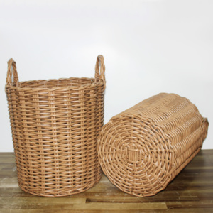Set of 2 Plastic Natural Rattan Dustproof <b>Stackable</b> Round Woven Handmade Storage <b>Baskets</b> Kitchen Home Organizer - Product Image 2