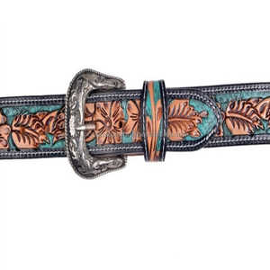 Ceinture en cuir western pour homme, sculptée à la main, avec des motifs floraux gravés, avec une boucle en cuivre antique de style designer - Product Image 5