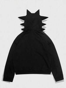 Sudadera con capucha negra para hombre, con cremallera, diseño de llamas con pedrería, capucha con púas, de algodón polar, estilo oversize, fabricación de ropa urbana - Product Image 3