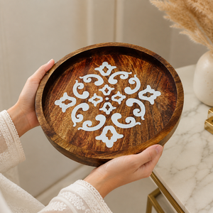Mother of Pearl Inlay Wooden Serving Tray | Handmade Round Chocolate Tray | Ramadan Eid Arabic Home Decor <b>Gift</b> Luxury Kitchen - Product Image 1