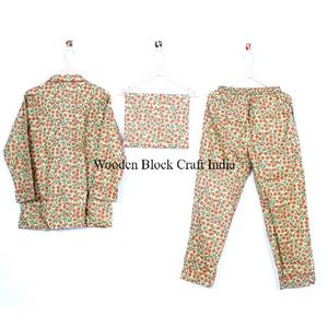 Ensemble de pyjama en coton fait main pour femmes, imprimé floral d'été, respirant, doux, séchage rapide, confortable, longueur intégrale, vêtements de nuit - Product Image 4