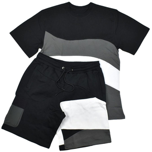 2026 Men Color Blocked Quick Dry T-Shirt and Drawstring Shorts Set Summer Casual Wear Blue Black Gray Two Piece Outfit - Product Image 5